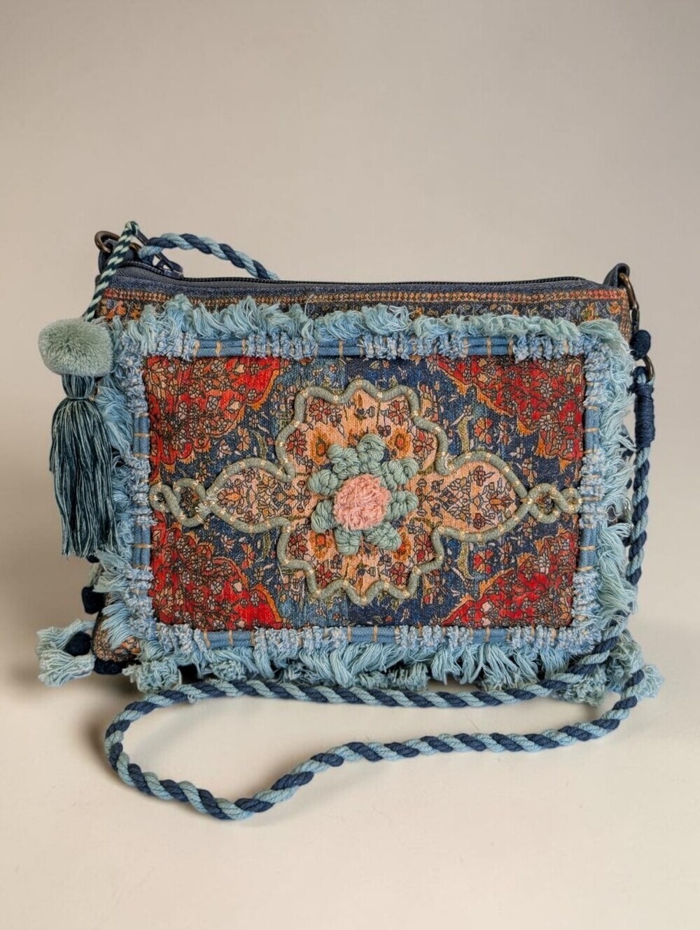 NWT Crosstree Lane Boho Embroidered Fringe Crossbody Bag Tassel Pom Pom Blue
